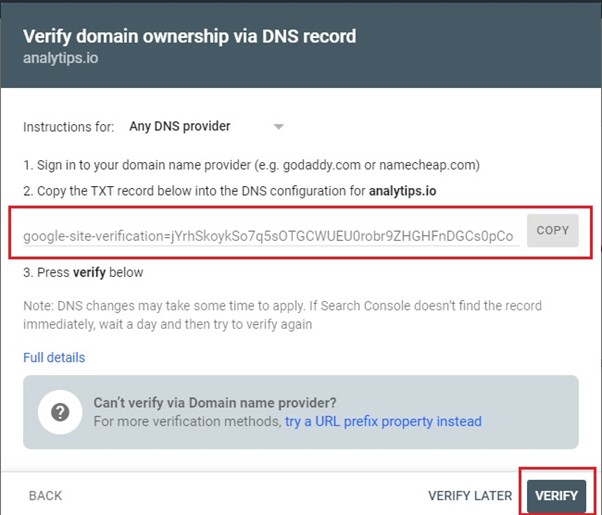 verify domain in search console